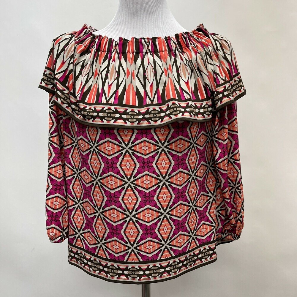 Chico's Off Shoulder Top Size 1 Medium 8 Beige Orange Brown Pink Multicolor‎